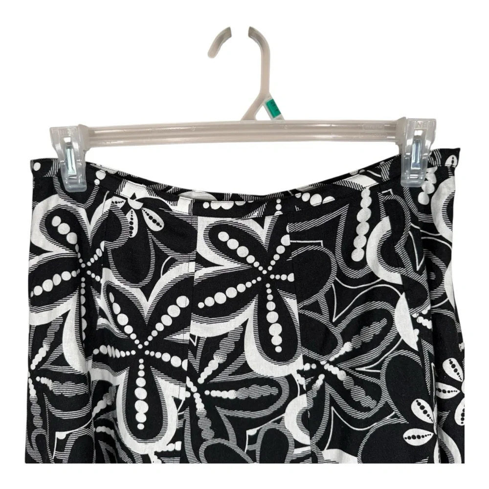 Carole Little Black & White Floral Print A-Line Linen Blend Midi Skirt Size 12
